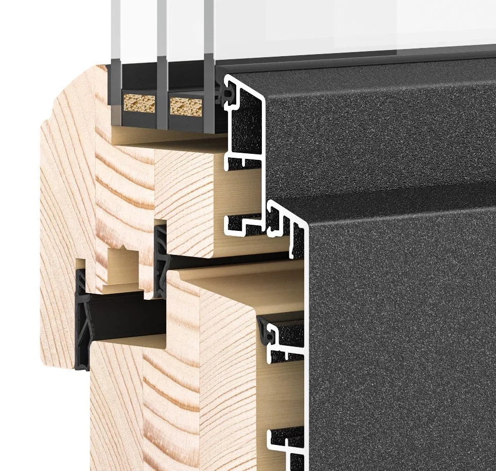 Perfil de madera laminada de una ventana mixta