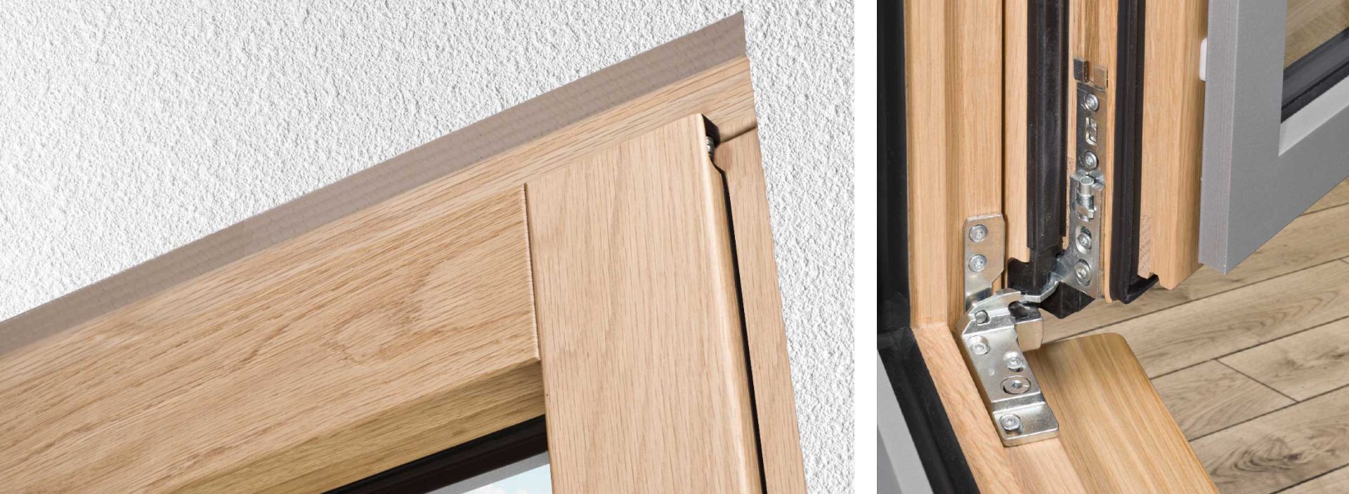 Detalle del herraje oculto de una ventana de madera abierta