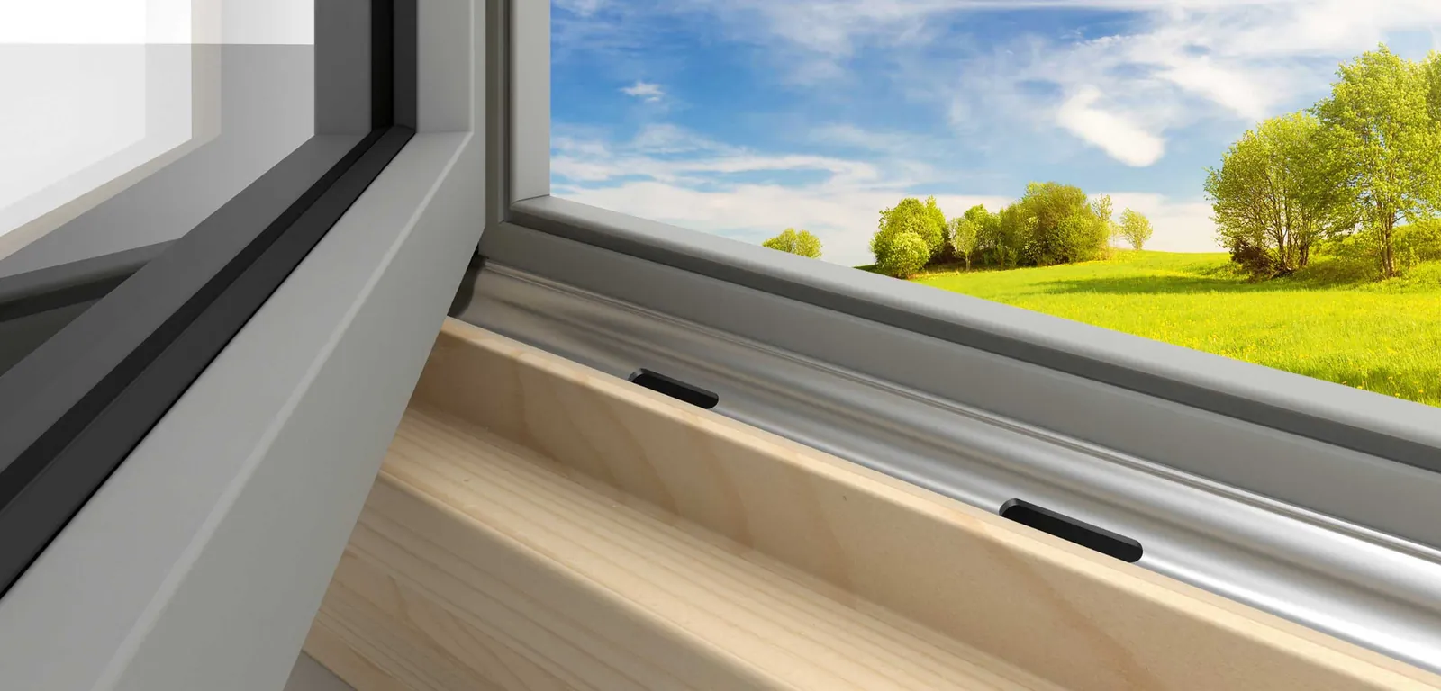 Guía de lluvia y drenaje integrados en el aluminio de una ventana Premium