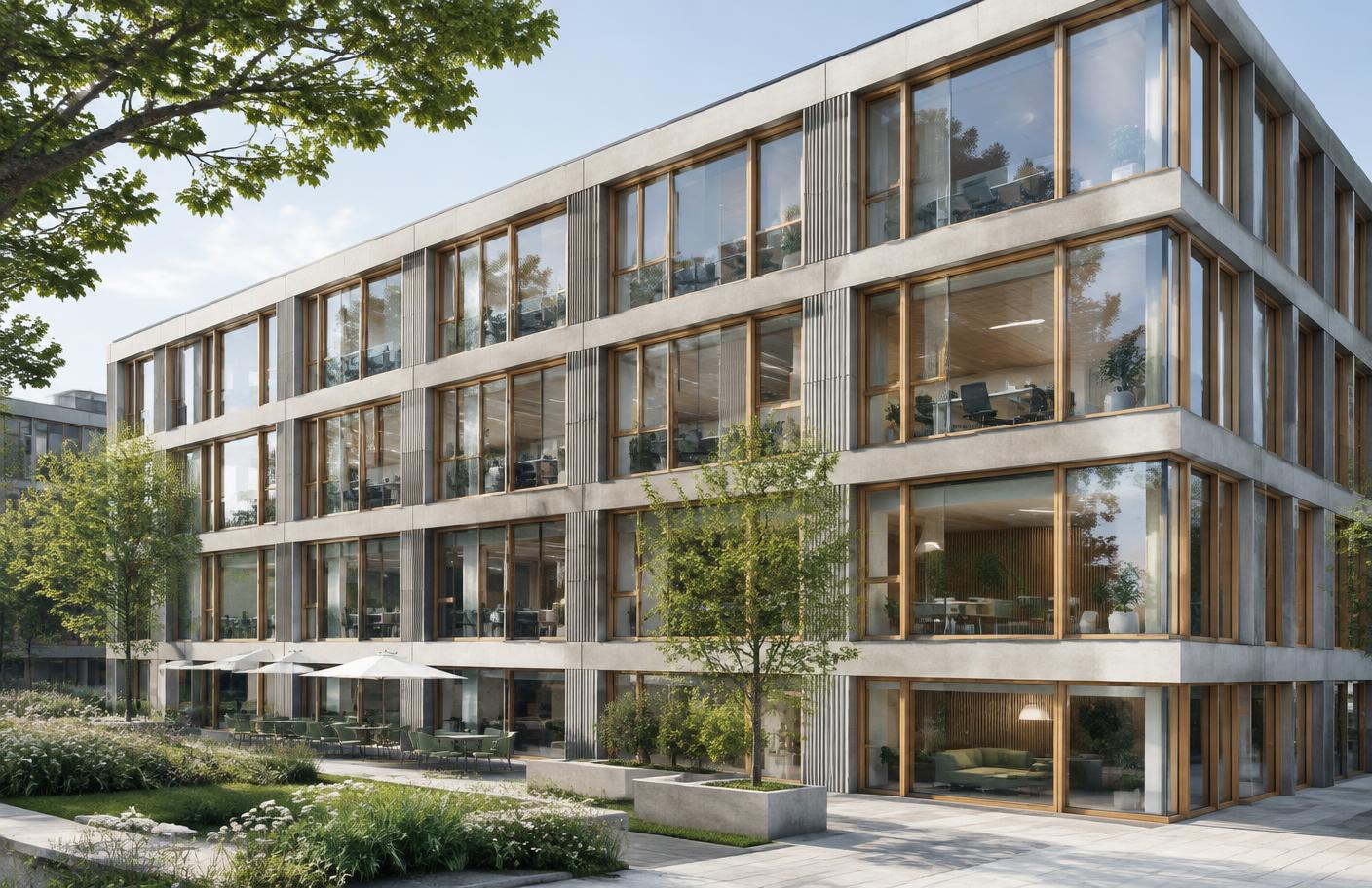 Edificio contemporáneo de oficinas con grandes ventanas