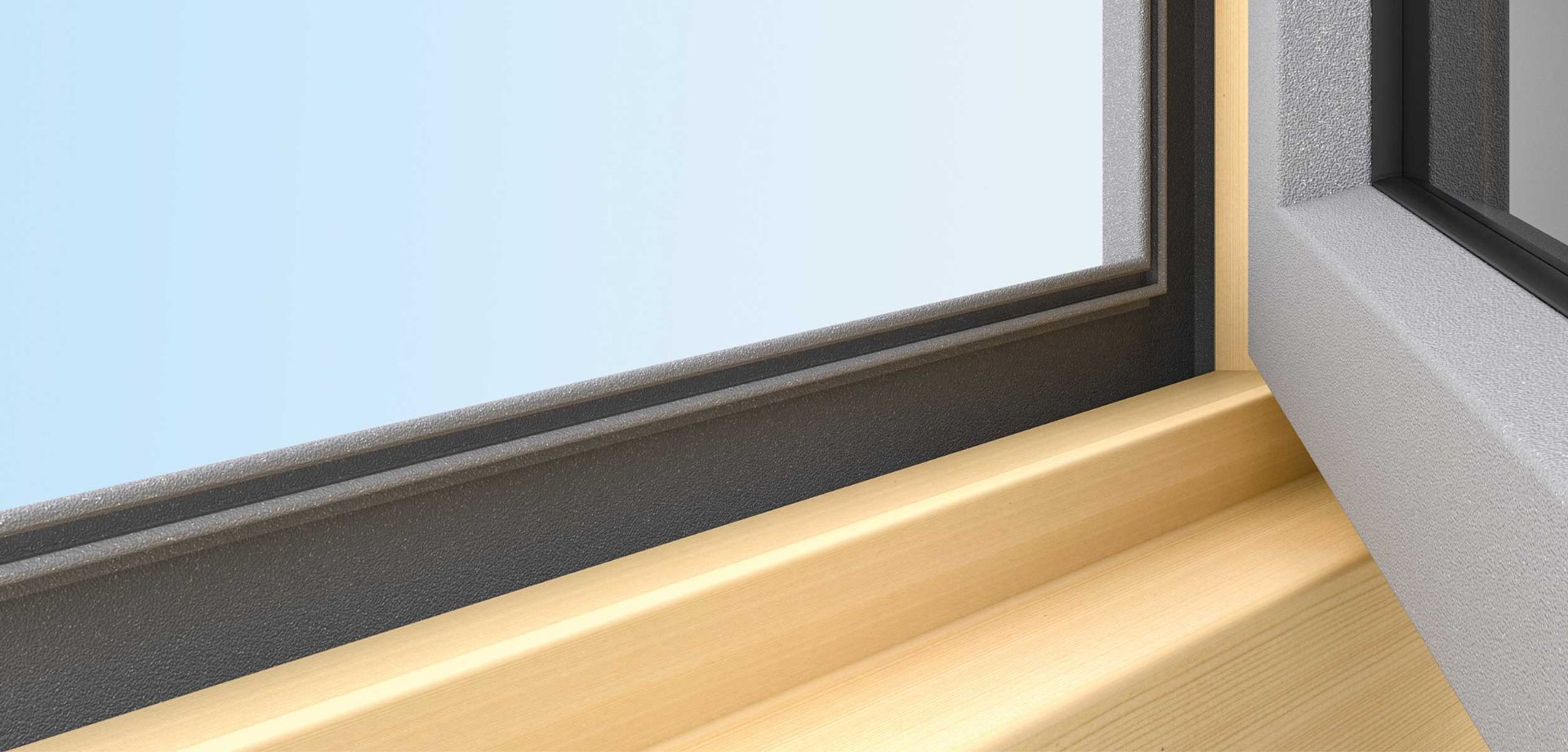 Esquina exterior de una ventana de madera-aluminio Econ