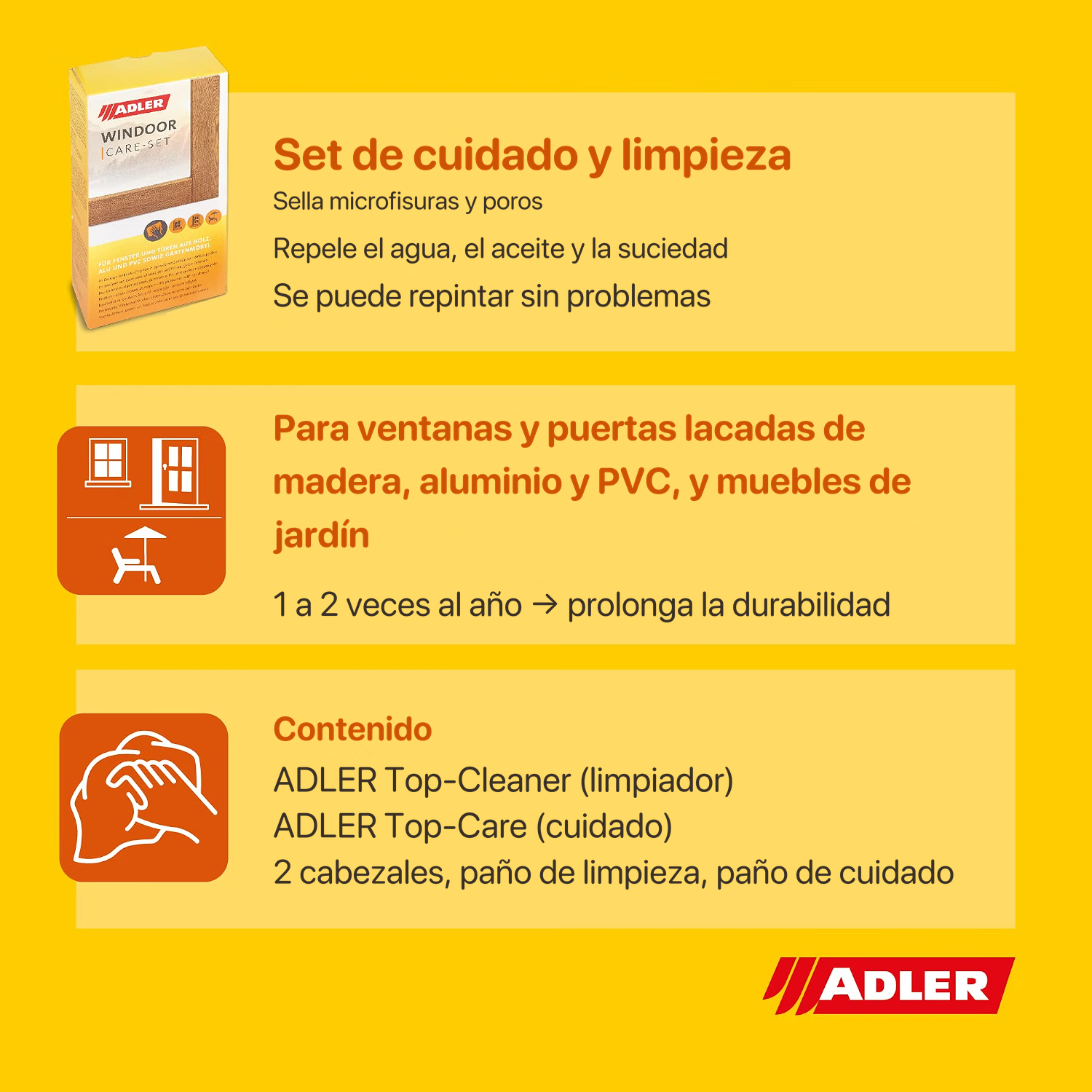 ADLER Top Cleaner y ADLER Top Care, los dos productos del set de cuidado