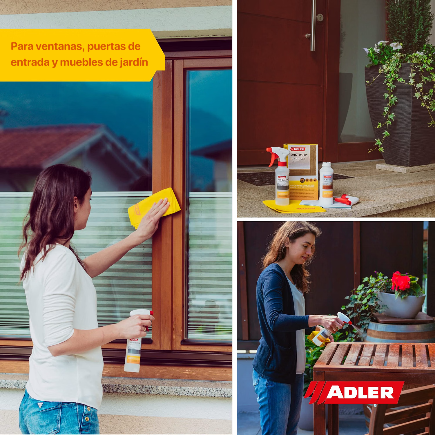 Set de cuidado y limpieza ADLER Windoor Care-Set junto a una puerta de entrada de madera
