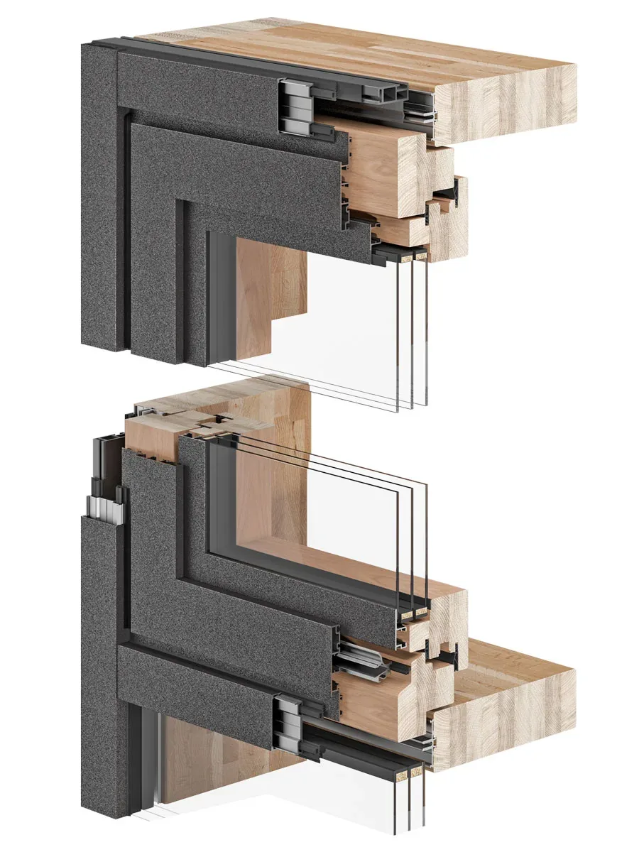 Sección 3D de un encuentro de fachada SKYWALL con ventana integrada