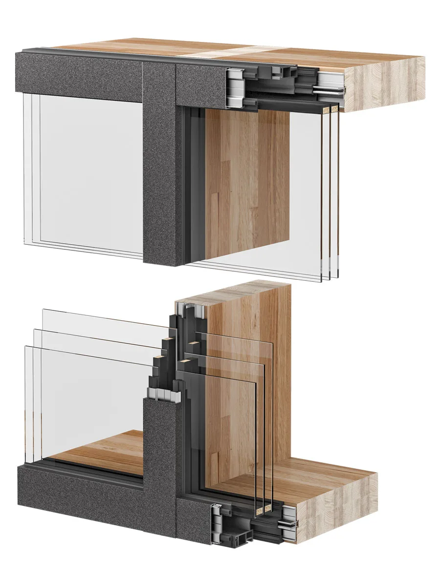 Sección 3D de un poste SKYWALL con el encuentro superior e inferior de dos paños de vidrio fijo