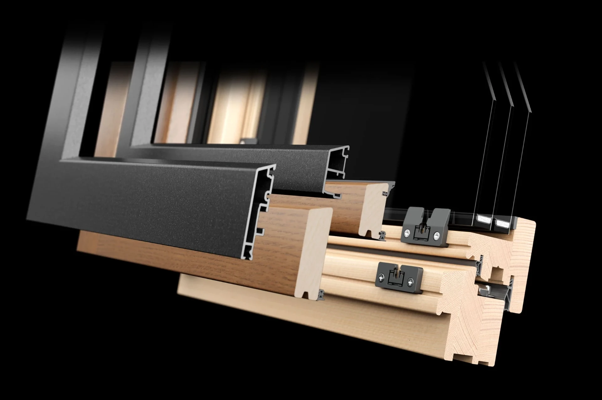 Sección del sistema modular TWINDOW con doble carcasa y núcleo de madera