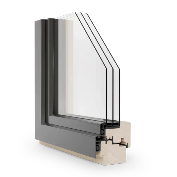 Render de una ventana de madera y aluminio con carcasa exterior lacada